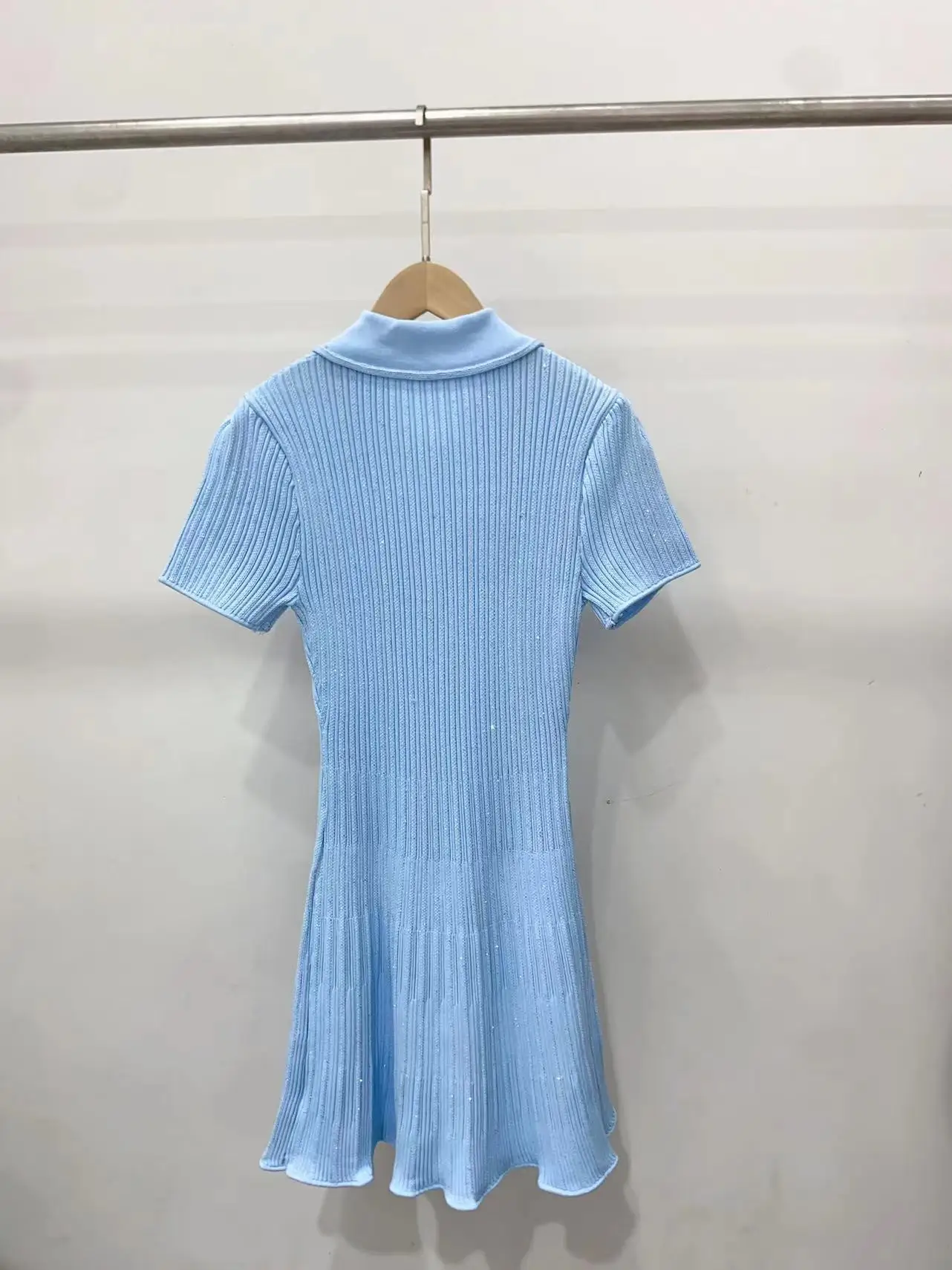 Women White or Blue Knitted Dress Diamond Buttons Turn-down Collar Short Sleeve Elegant Summer 2024 Mini Robe