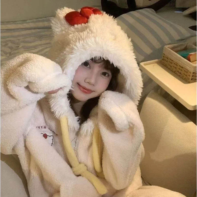 Kawaii سانريو الكرتون مرحبا كيتي مقنعين بيجامة من الصوف الفتيات الشتاء Homewear مع بطانة الصوف سميكة للدفء لطيف هدية #1