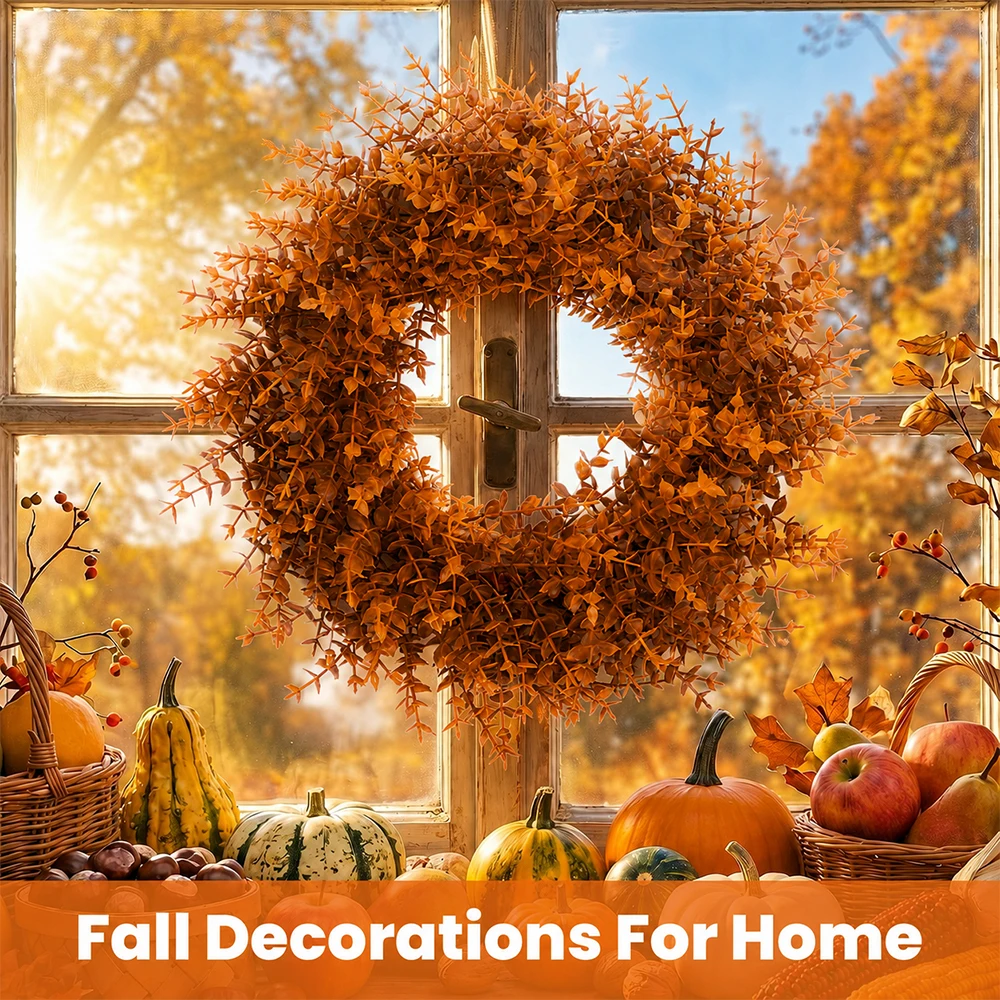 40cm Herbst-Eukalyptuskränze, Künstlicher Herbstkranz als Dekoration für Haustür, Thanksgiving, Landhaus, Wand, Zimmer, Außenbereich und Heimdekoration – Detail 3