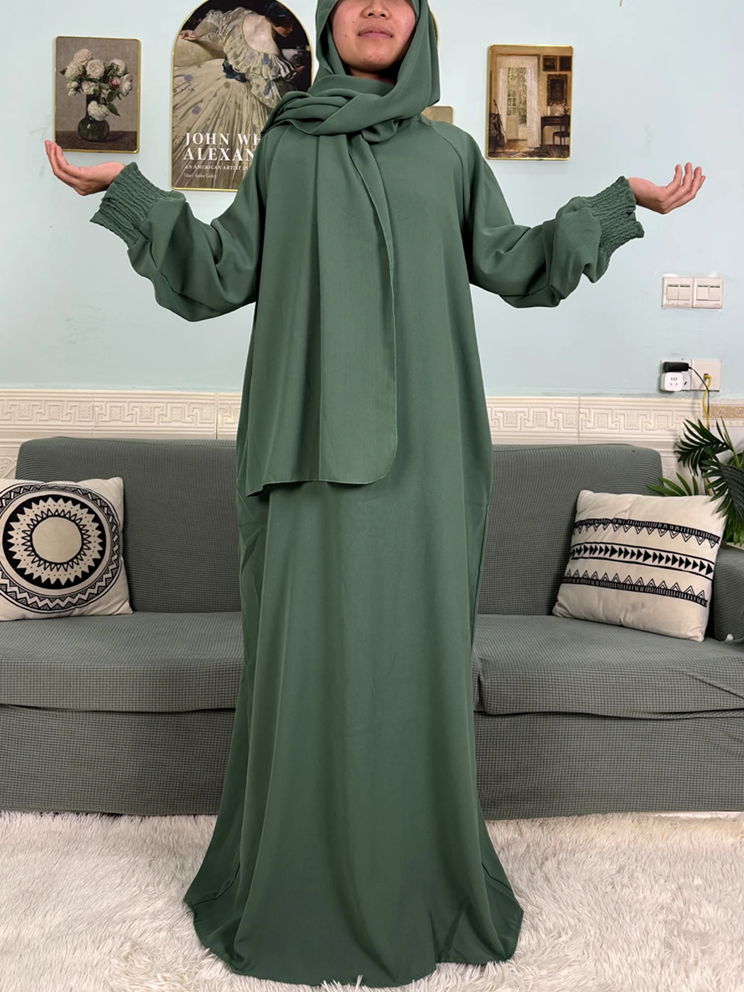 عباية إسلامية رمضان 2025 للنساء من القطن الخالص فضفاضة للصلاة رداء نسائي أصفاد مرنة فستان أفريقي مع وشاح حجاب متصل