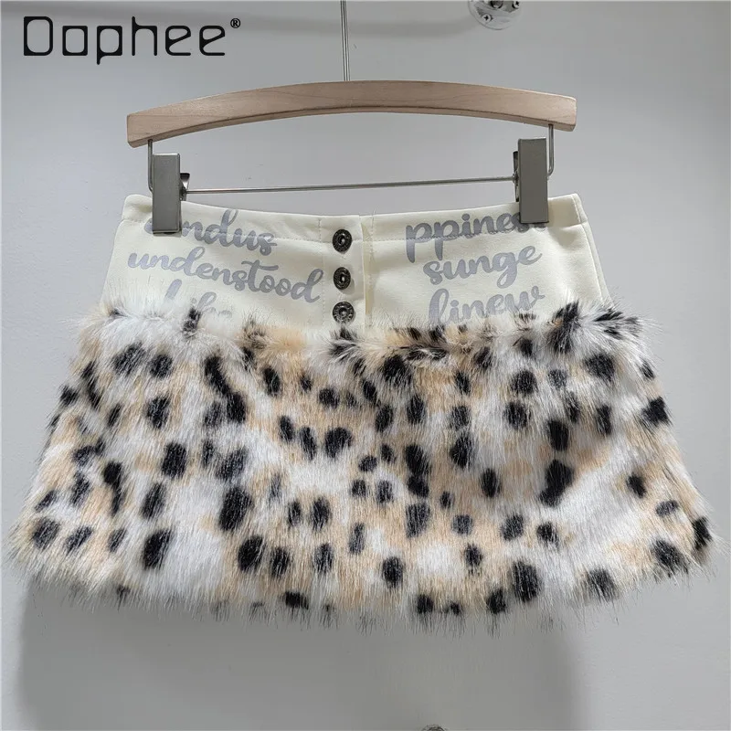 

Vintage Leopard Print Furry Patchwork Low Waist Short Skirt Autumn Winter New Hot Girl Bodycon Letter Subculture Half Skirt