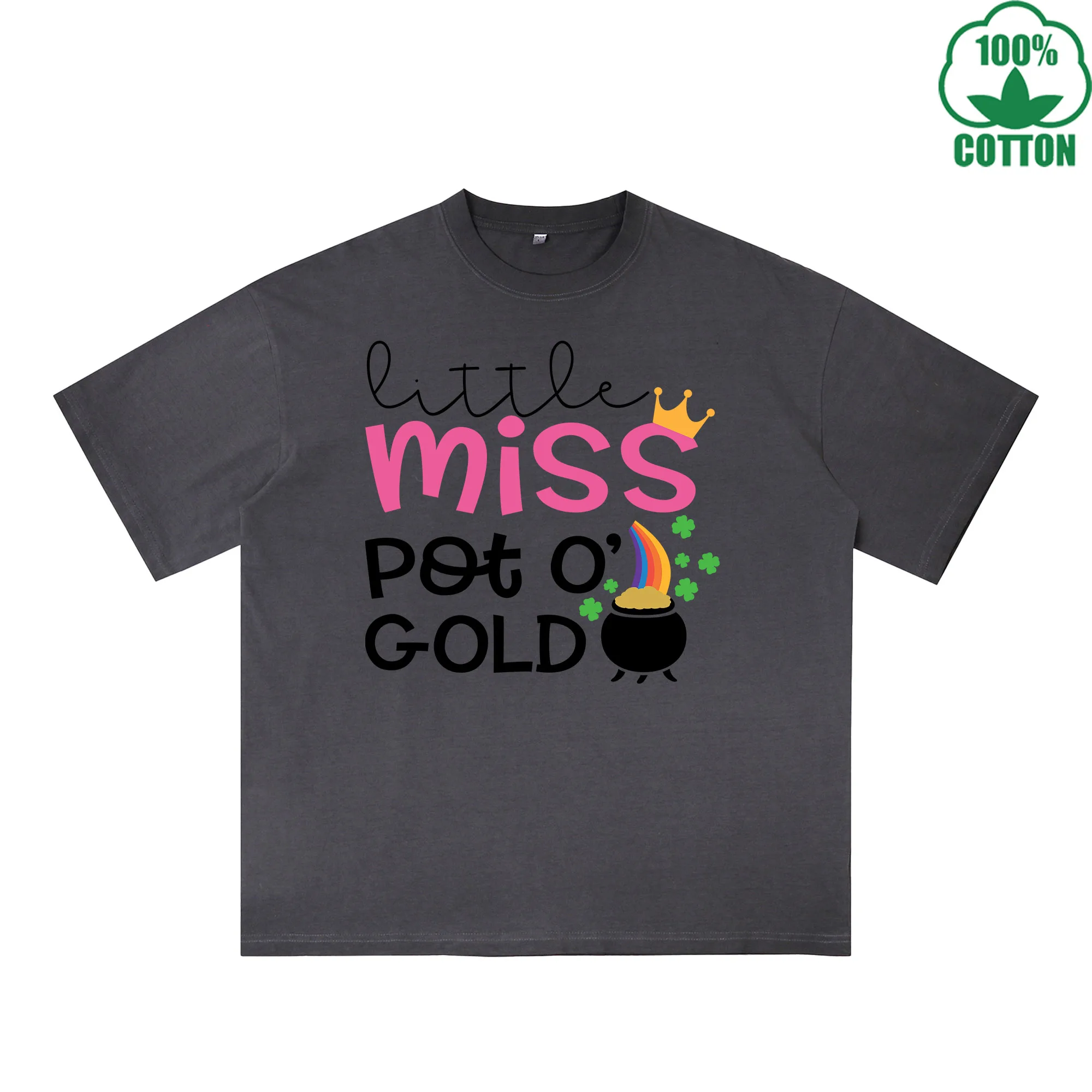 

Little Miss Pot of Gold Printed Dirty Wash T-Shirt 230G Multicolor Loose Trendy Fashionable 100%Cotton Short Sleeve Top