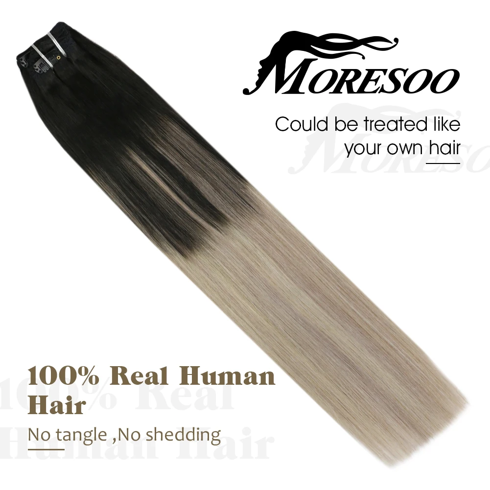 Moresoo Clip in Human Hair Extensions Brazilian Hair 70G/105G Natural Hair Extensions Straight #1B/18/60 Black Ombre Blonde Hair