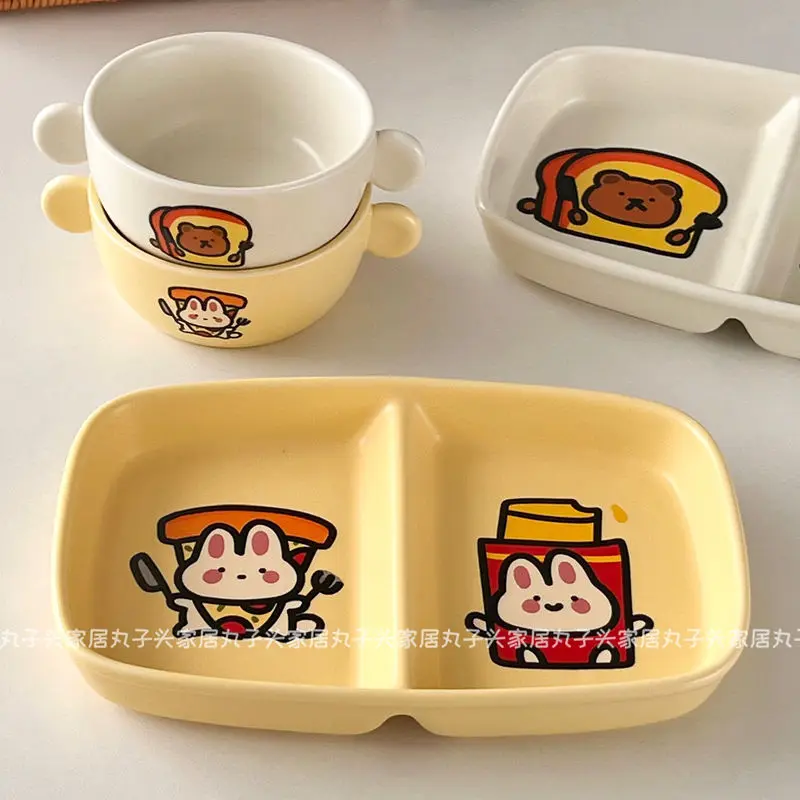 Cartoon Ceramic Breakfast Plate Square Fat Reducing Divided Ceramic Plate Oat Small Bowl Rice Bowl One Person Dinner Set