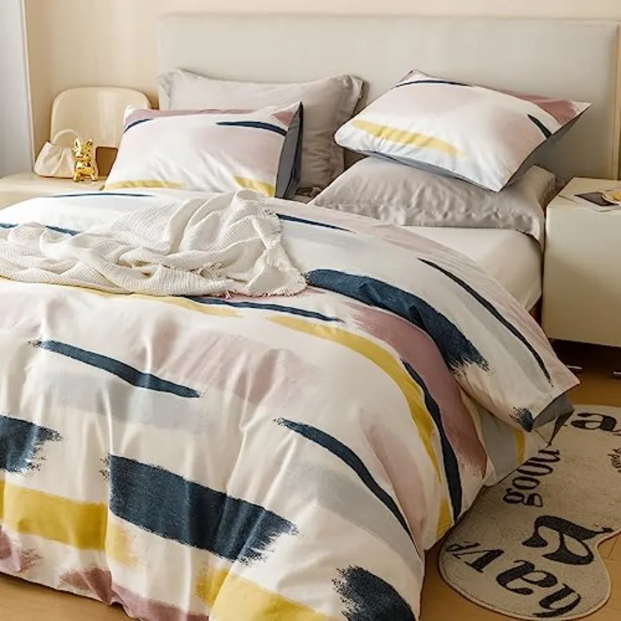 

Aesthetic Striped Duvet Cover 100% Cotton 3 Pcs Set 1 Modern Stripe Duvet Cover with Zipper Ties 2 Pillowcases Reversible Geome
