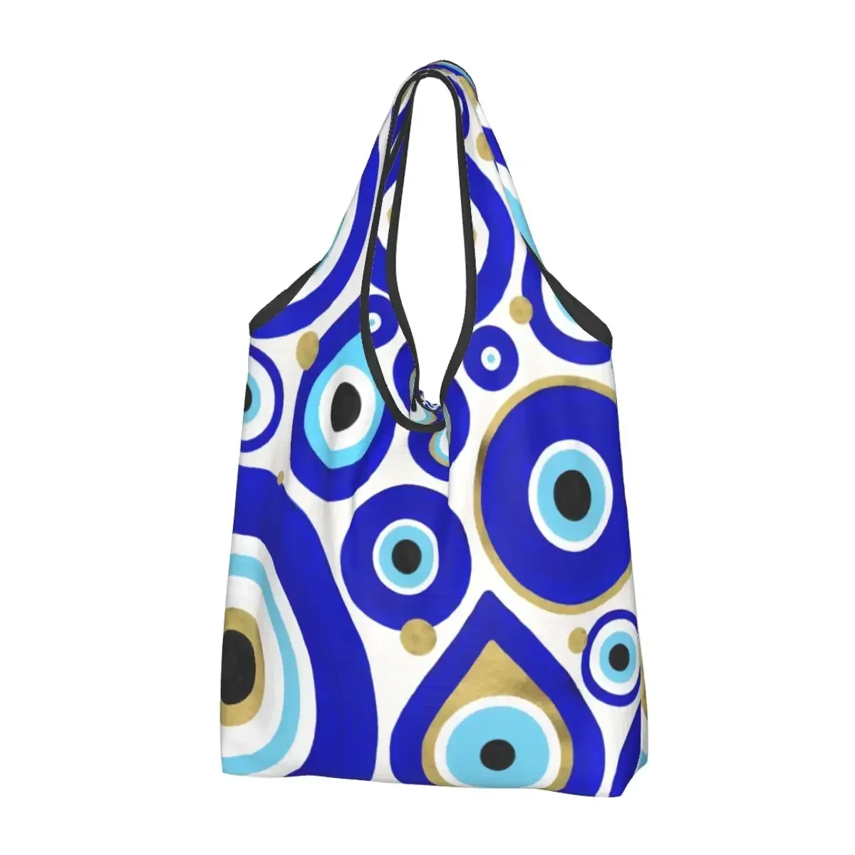 Custom Reusable Evil Eye Charms On White Shopping Bag Women Tote  Portable Moroccan Nazar Groceries Shopper s