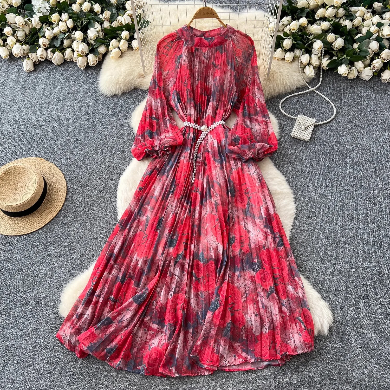 Женское весеннее платье во французском стиле с круглым вырезом и завязками на поясе с рукавами-фонариками и принтом со складками, повседневные свободные элегантные вечерние платья Женское весеннее платье во французском стиле с круглым вырезом и завязками на поясе с рукавами-фонариками и принтом со складками, повседневные свободные элегантные вечерние платья