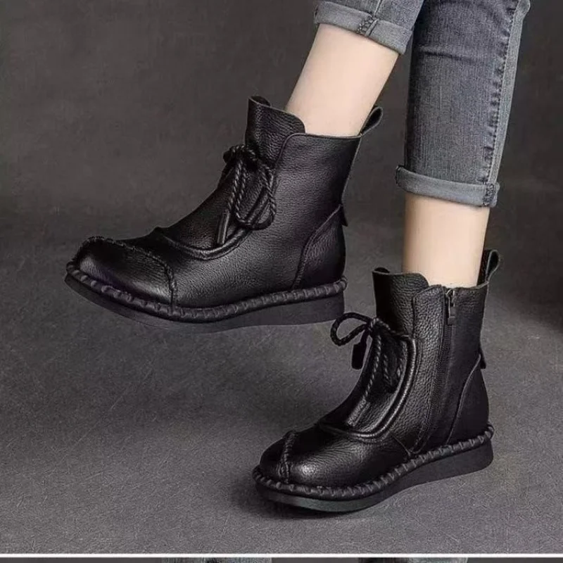 Stivaletti piatti vintage da donna per l'autunno/inverno - Stivali comodi in morbida pelle, stivali caldi foderati in peluche con cerniera laterale con lacci