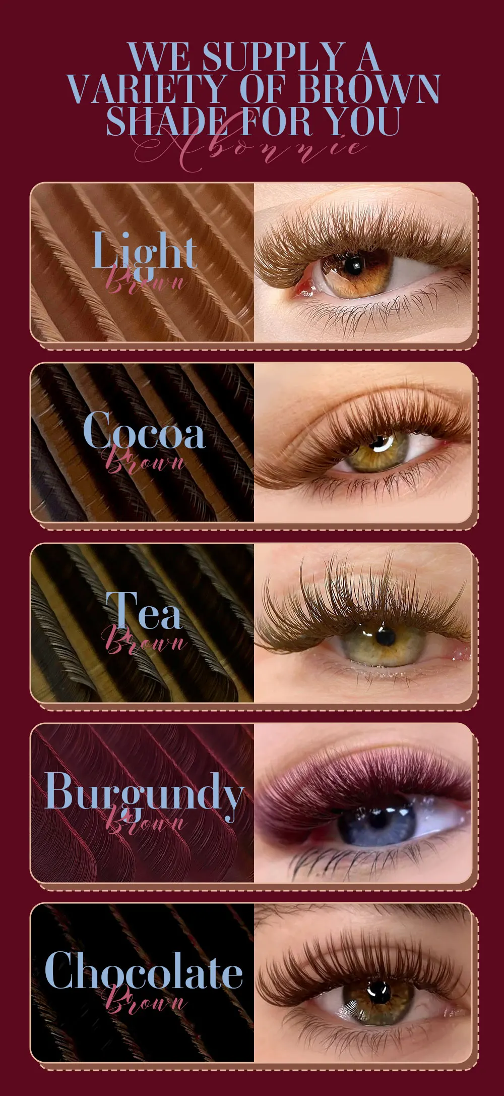 Abonnie LB/LC 8-15mm Burgunderrote Matte Volumen-Wimpernverlängerungen Klassische Einzelwimpern Flauschige Falsche Wimpern für Augenschönheit – Detail 7