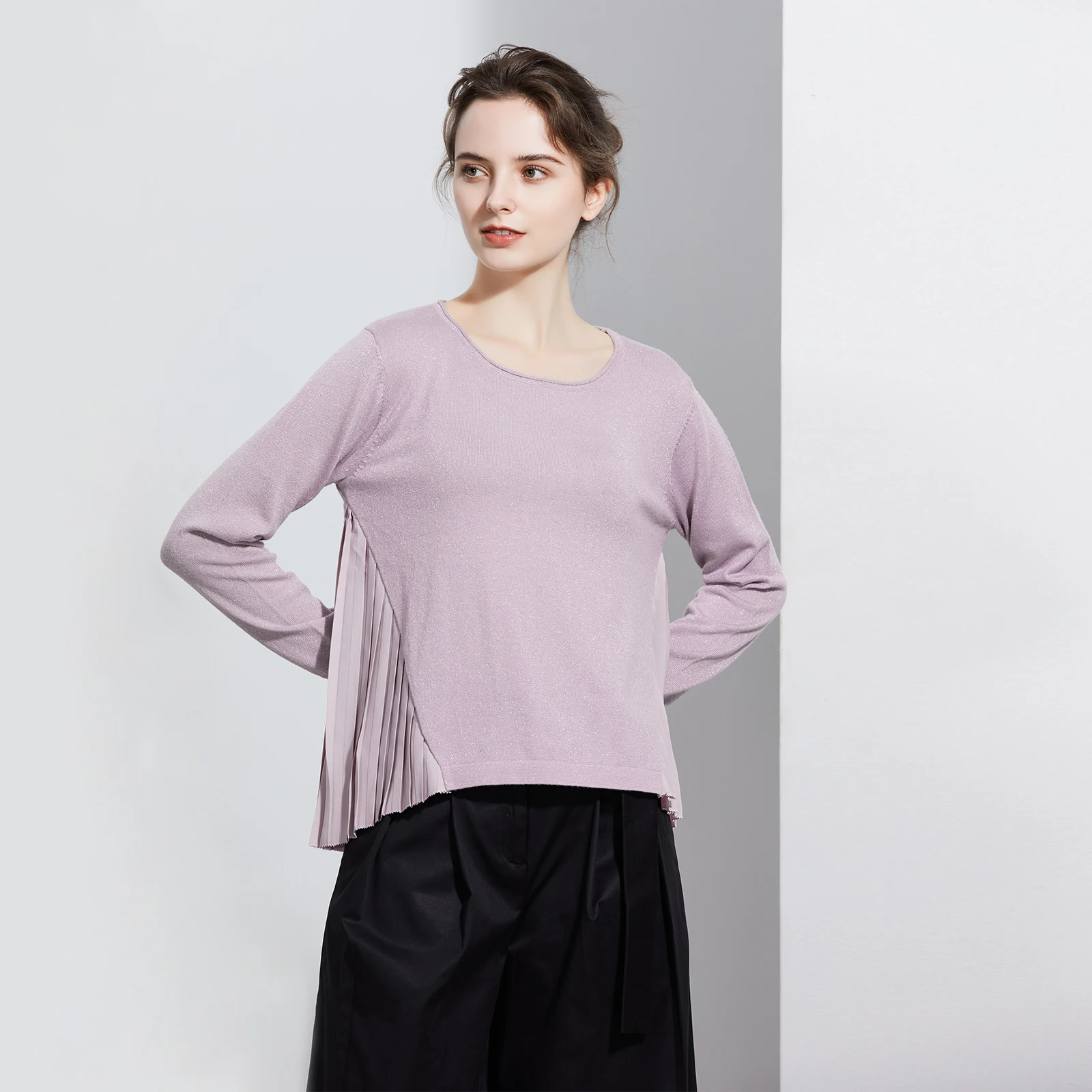 

Вязаный шерстяной свитер с металлическими вставками и плиссировкой, круглый вырез, женский, для повседневной носки, с длинными рукавами, укороченный