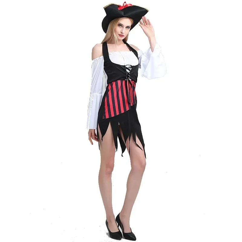 Disfraz de Pirata Steampunk RGD4 para Hombre y Mujer, Top Corsé con Pantalones y Falda, Tallas Grandes, Disfraces de Pareja para Halloween, Cosplay Caribeño DP[7/