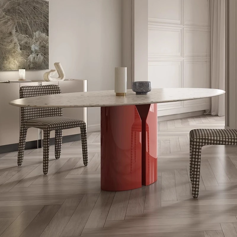 

Nordic simple oval terrazzo dining table and chair combination small apartment French high-end marble dining table