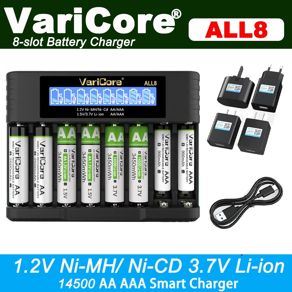 VariCore ALL8 chargeur de batterie intelligent à 8 emplacements pour 1.2V Ni-MH ni-cd AA AAA 1.5V 3.7V Lithium 14500 Batteries rechargeables
