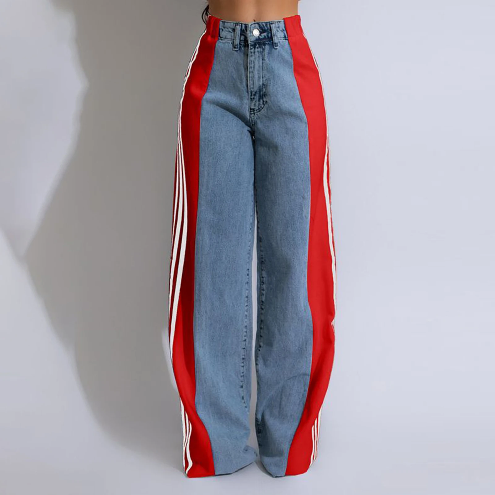 Combhasaki Damen Y2K Ästhetische Baggy-Jeans Lange Hose Knopf Hohe Taille Lose Weites Bein Seitlich Gestreifte Denim-Hose mit Taschen