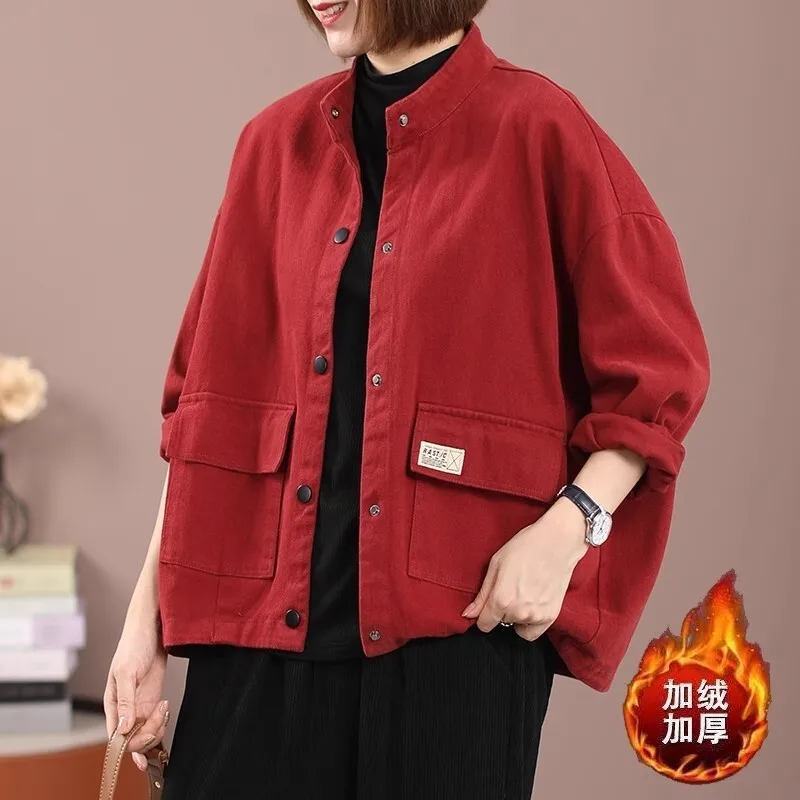 Vefadisa-Manteau à col montant pour femme, manches longues, manteau court, mode décontractée, tout match, rouge, ZXY1227A, automne, hiver, nouveau, 2024