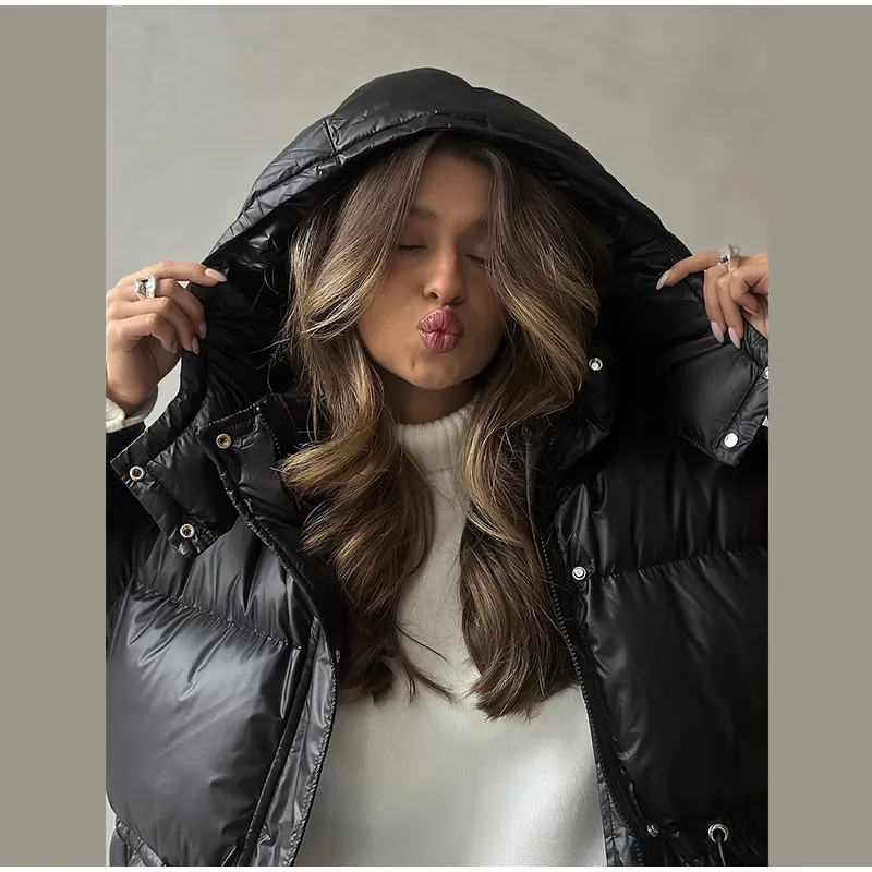 Women's Winter Jacket Hooded Drawstring Zipper Stand-Up Collar Lace Up Winter Jacket Female Loose Casual Chic Jackets For Ladies