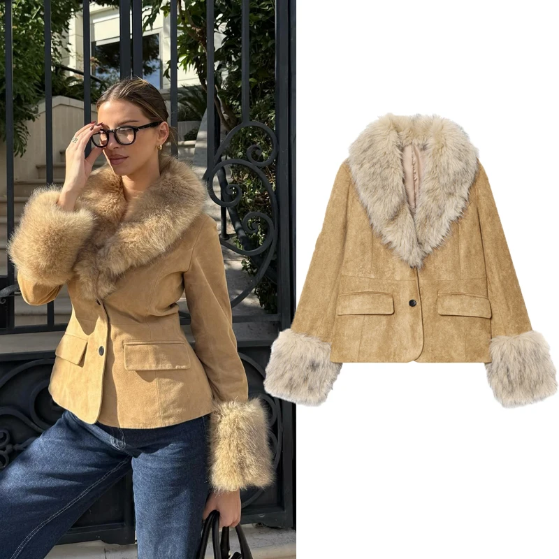 

2025 Women Faux Fur Trim Blazer Suede Slim Fit Winter Jacket With Large Furry Collar & Cuffs Luxury Style Fashion Warm Outwear