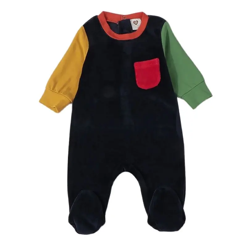 Baby romper kids clothes long sleeves velour pajamas baby overalls contrast patch boy girls clothes footies autumn winter romper