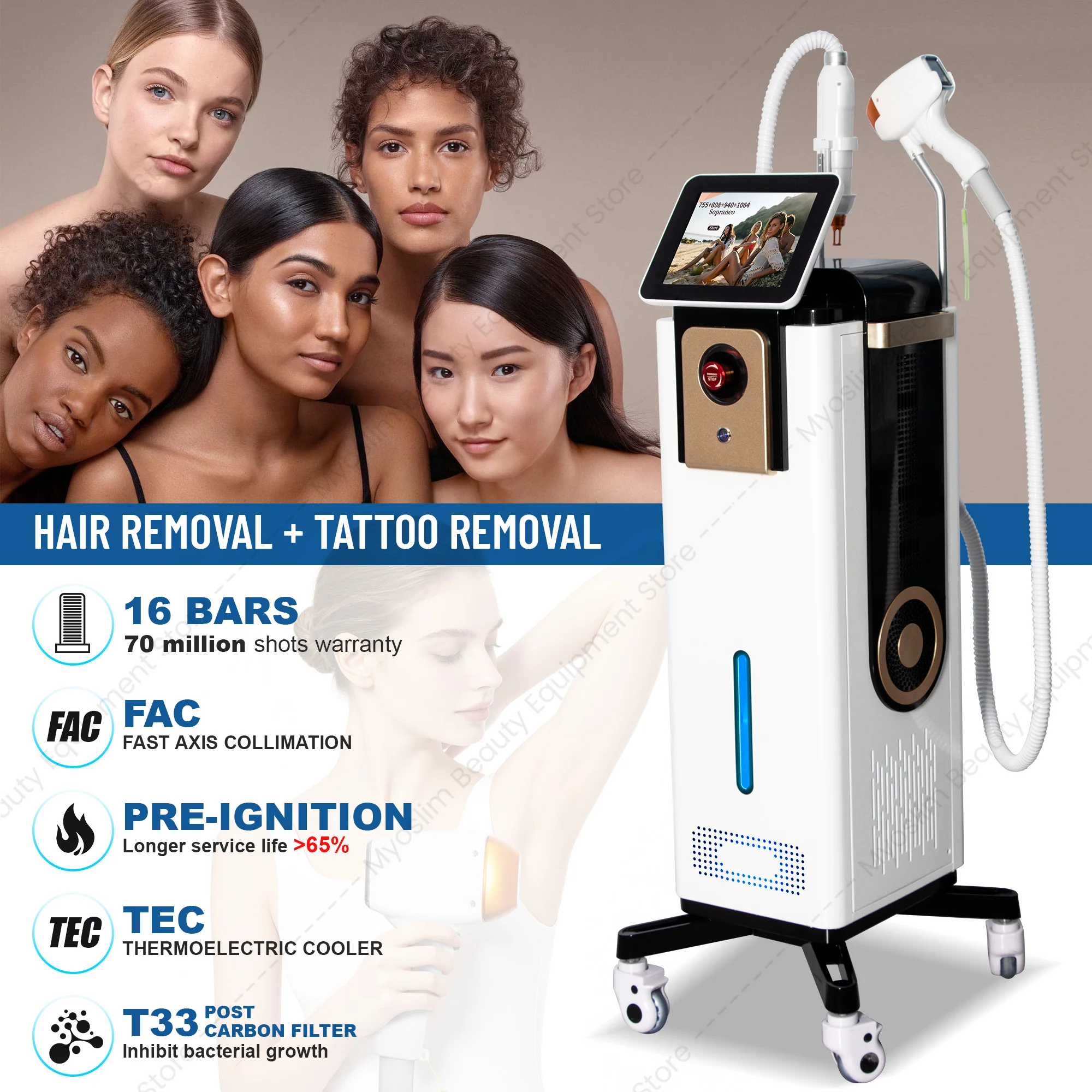 Professional 808 Vertical 2in1 Ice Cooling Laser Beauty Machine 16Bars FAC TEC Hair Removal Tattoo Pigment Removal 4K Touch Sc