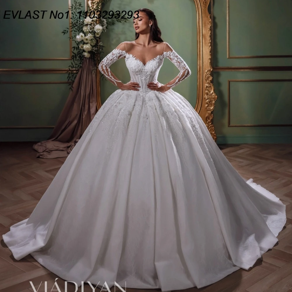 EVLAST Customized 2026 Elegant A Line Wedding Dress Long Sleeve Lace Applique Crystal Beaded Bridal Gowns Robe De Mariee TBD37
