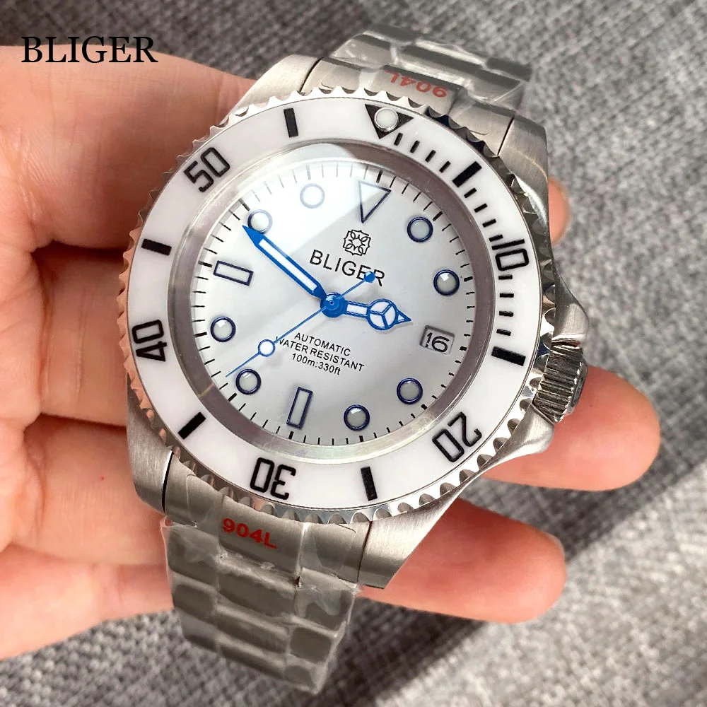 BLIGER White Dial 43mm SEA 24 Jewels NH35A Automatic Mechanical Mens Watch Brushed Steel Strap Luminous Blue Hand