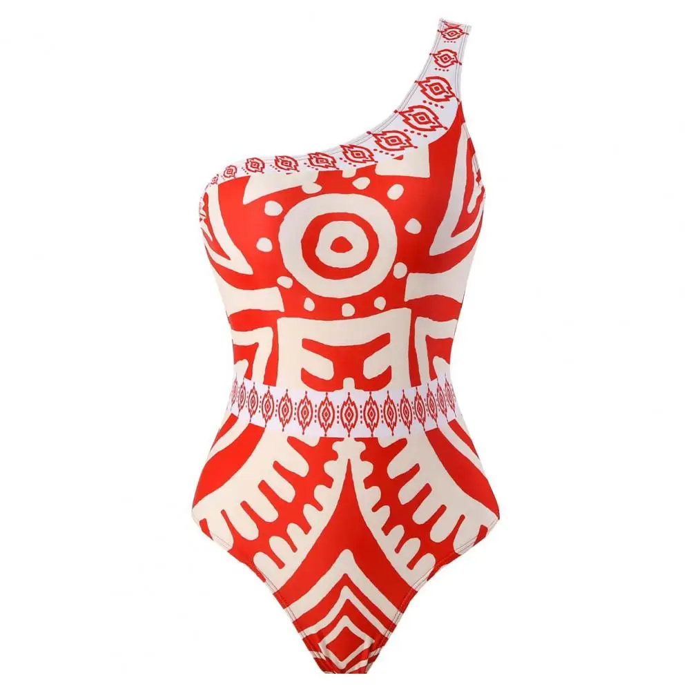 Stretchy Fabric Swimsuit Ethnic Print Monokini Pants Set with One Shoulder Top Wide Leg Trousers for Women Color Matching