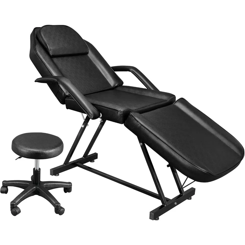 Silla de tatuaje para salón de masaje, cama de esteticista con taburete hidráulico, mesa de cama facial multiusos de 3 secciones, equipo de belleza, negro