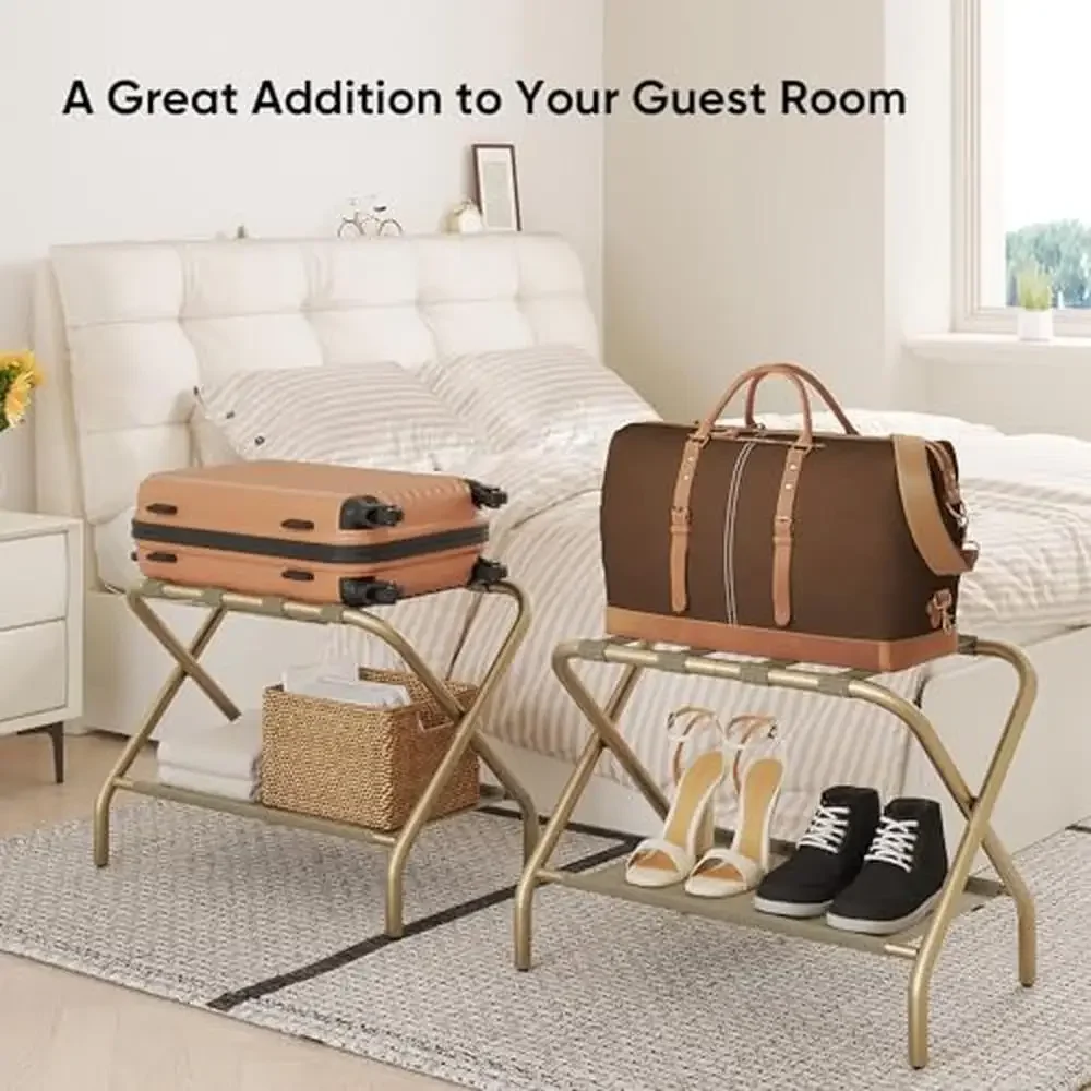 2 Pack Gold Folding Luggage Rack Guest Room Fabric Shelf Steel Portable Stand Hotel Storage Easy Use Elevate Packing Experience