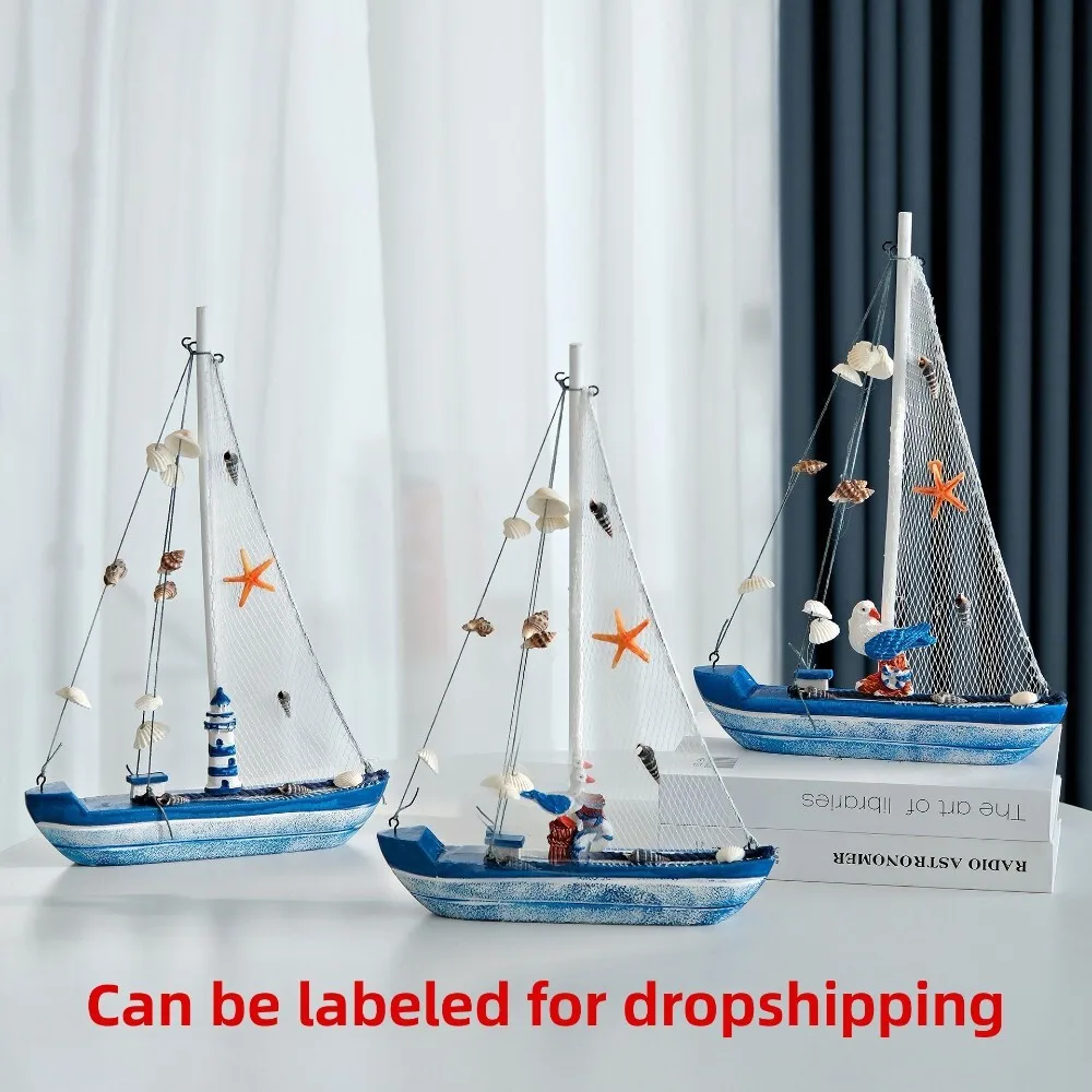 

Mediterranean Mini Boat Ornament Seabird Lighthouse Sailboat Model Wooden Craft Decoration