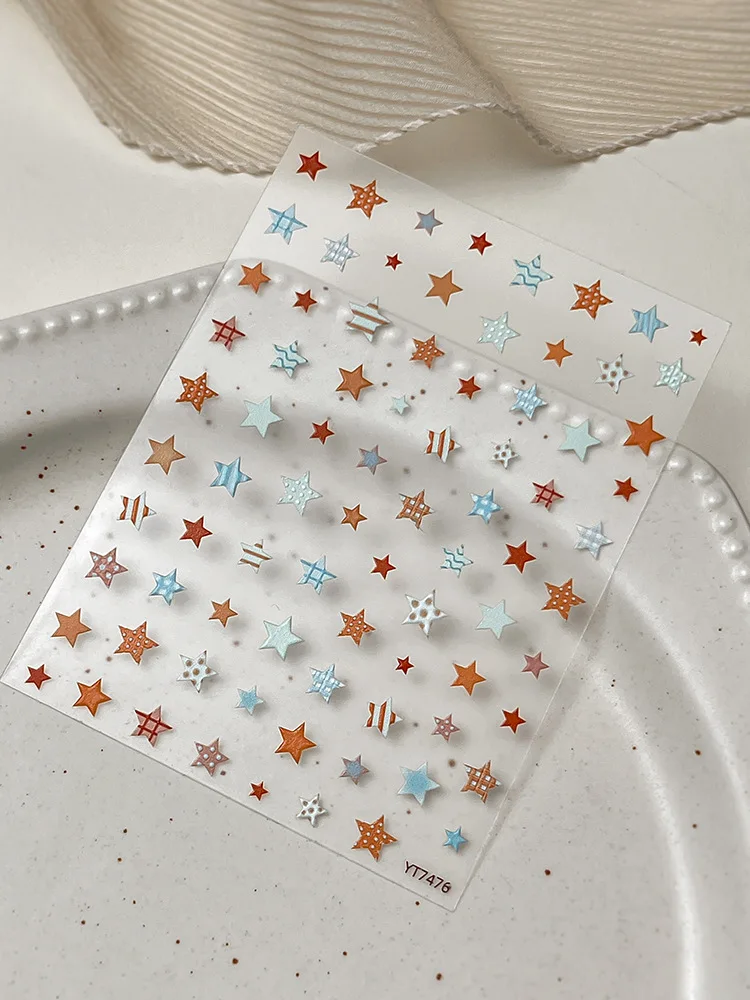 1pc 5D Grid Polka Dot Line Star Nail Art Sticker Autumn Y2K Brown Blue Dotted 5-Pointed Star Adhesive Nail Decal Manicure Decals