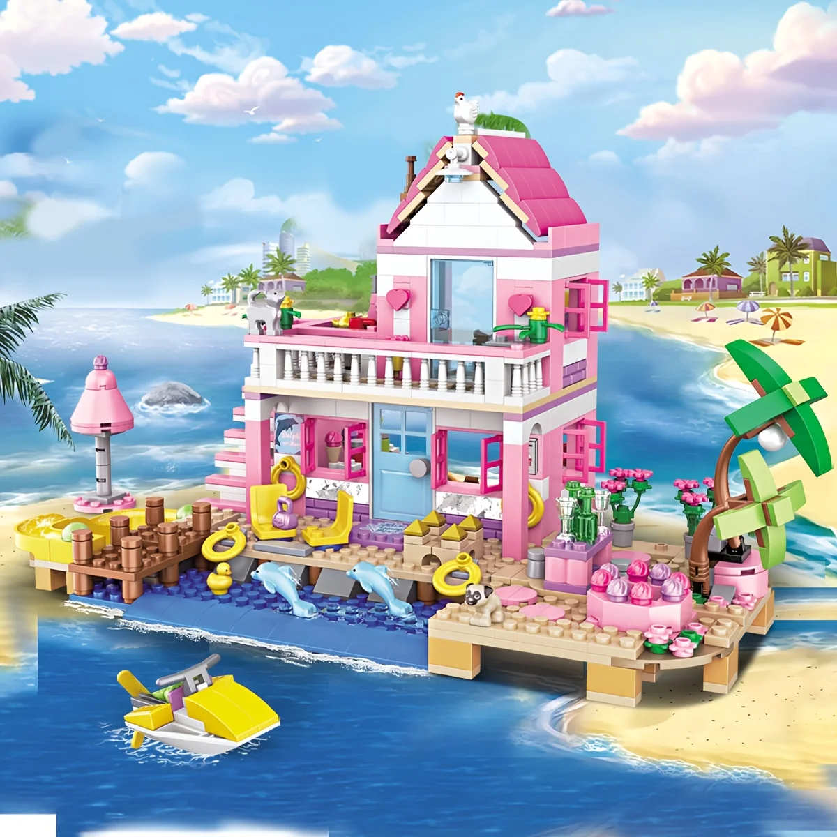 1 cambio 2 blocchi di costruzione della casa della città degli amici, villa al mare per le vacanze estive con scivolo, giocattoli MOC fai da te per regalo di compleanno per ragazze per bambini