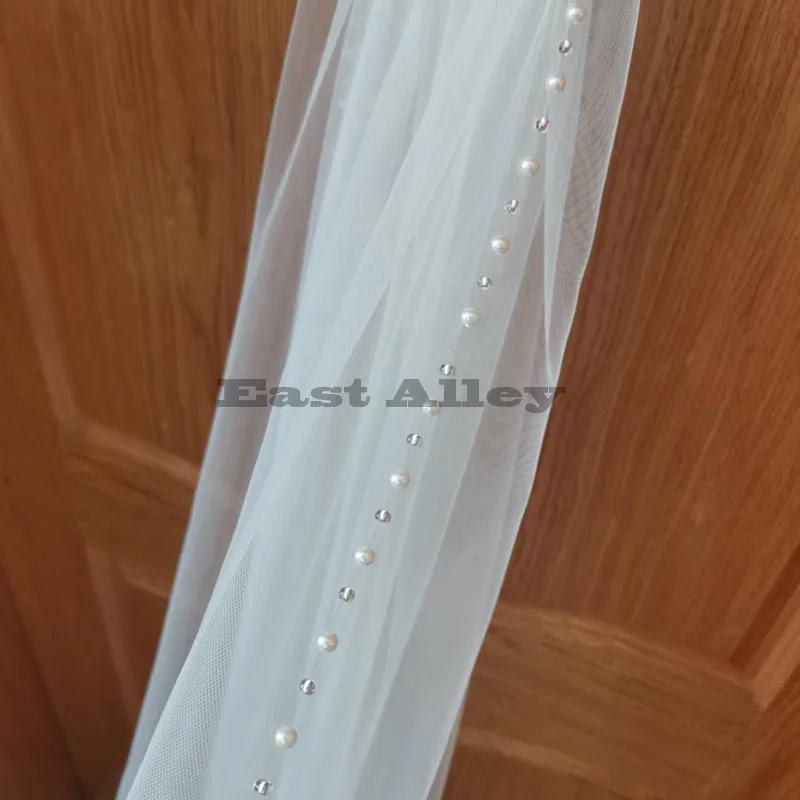 White Ivory Bridal Veil One Layer Crystal Pearls Bead Edge Wedding Accessory Fingertip Floor Waltz Wedding Veils