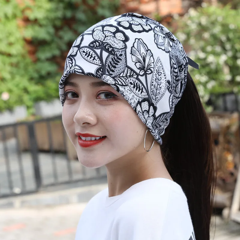 Multifunction Women Summer Leaves Lace Cotton Sunscreen Sun Hat Spring Maternity Windproof Warm Cap Ponytail Headscarf Scarf W56