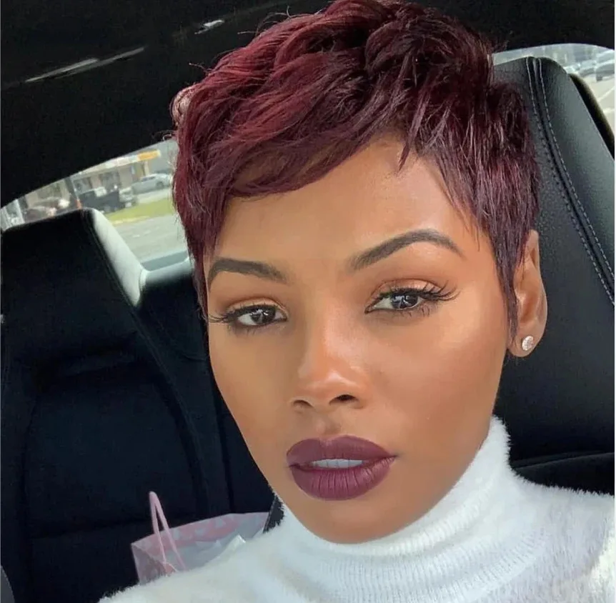 LUXURIOUS Burgundy 99J Colored Short Bob Remy Human Hair Wig With Bangs Glueless Pixie Cut Full Machine Made Wigs