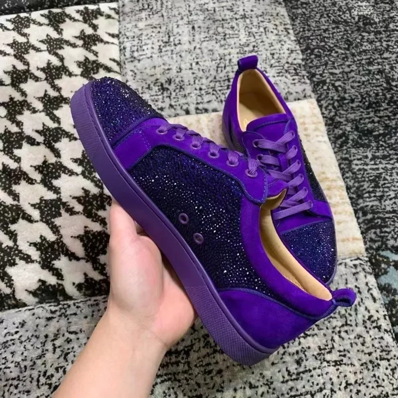 

2023 New Style Luxury Red Sole Shoes Men Women Flat Shoes Leather Shoes Purple Real Leather Red Bottoms Rhinestone Sneakers