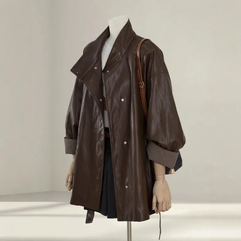 高級コーヒーブラウンレザージャケット レディース 春秋シーズン新作 ルーズフィット 細見え タイフロント エレガントPUレザージャケットトップ