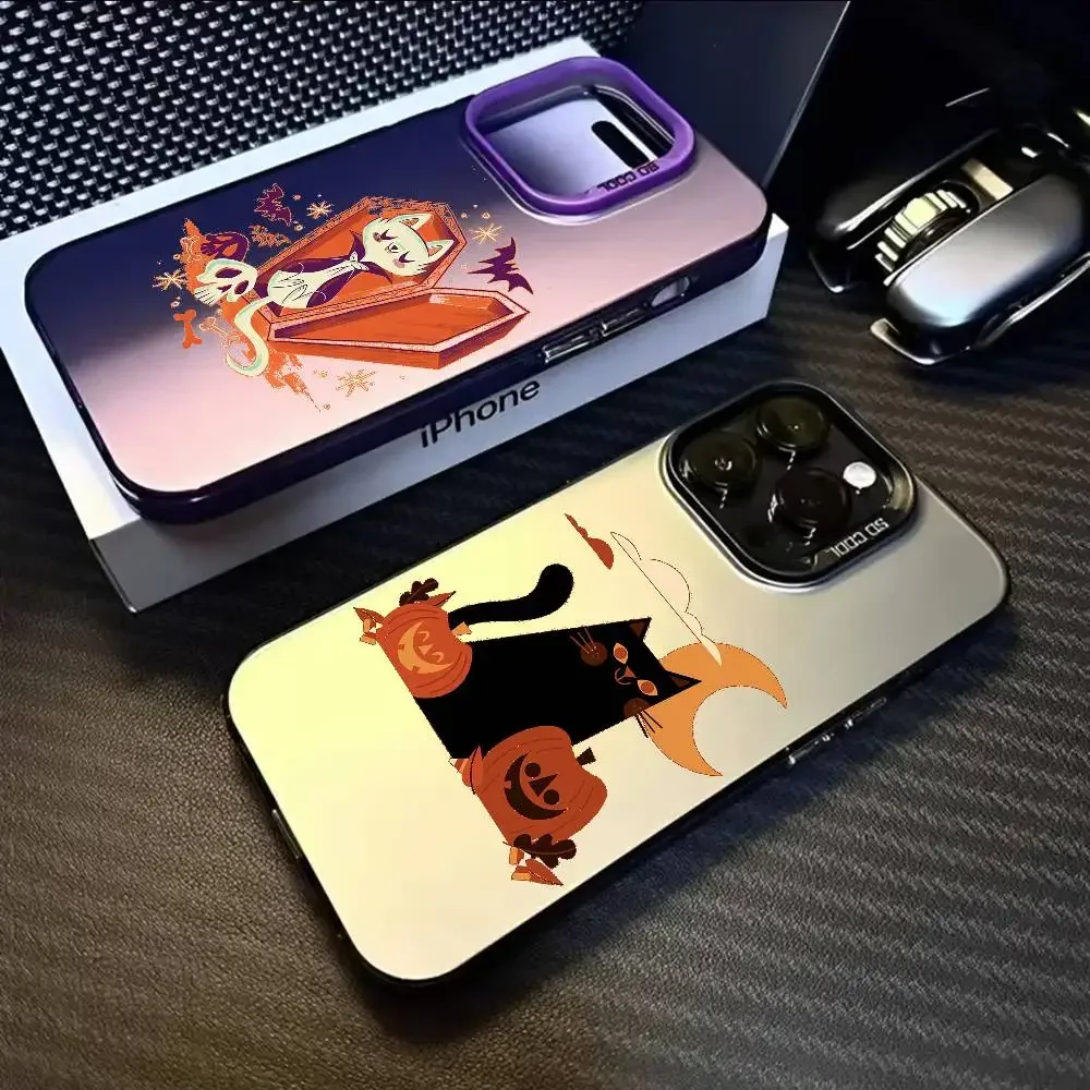 Halloween Cat Phone Case For iPhone 17 16 15 14 13 12 11 Pro Max Black Purple Matte Laser Metallic Aurora Funda
