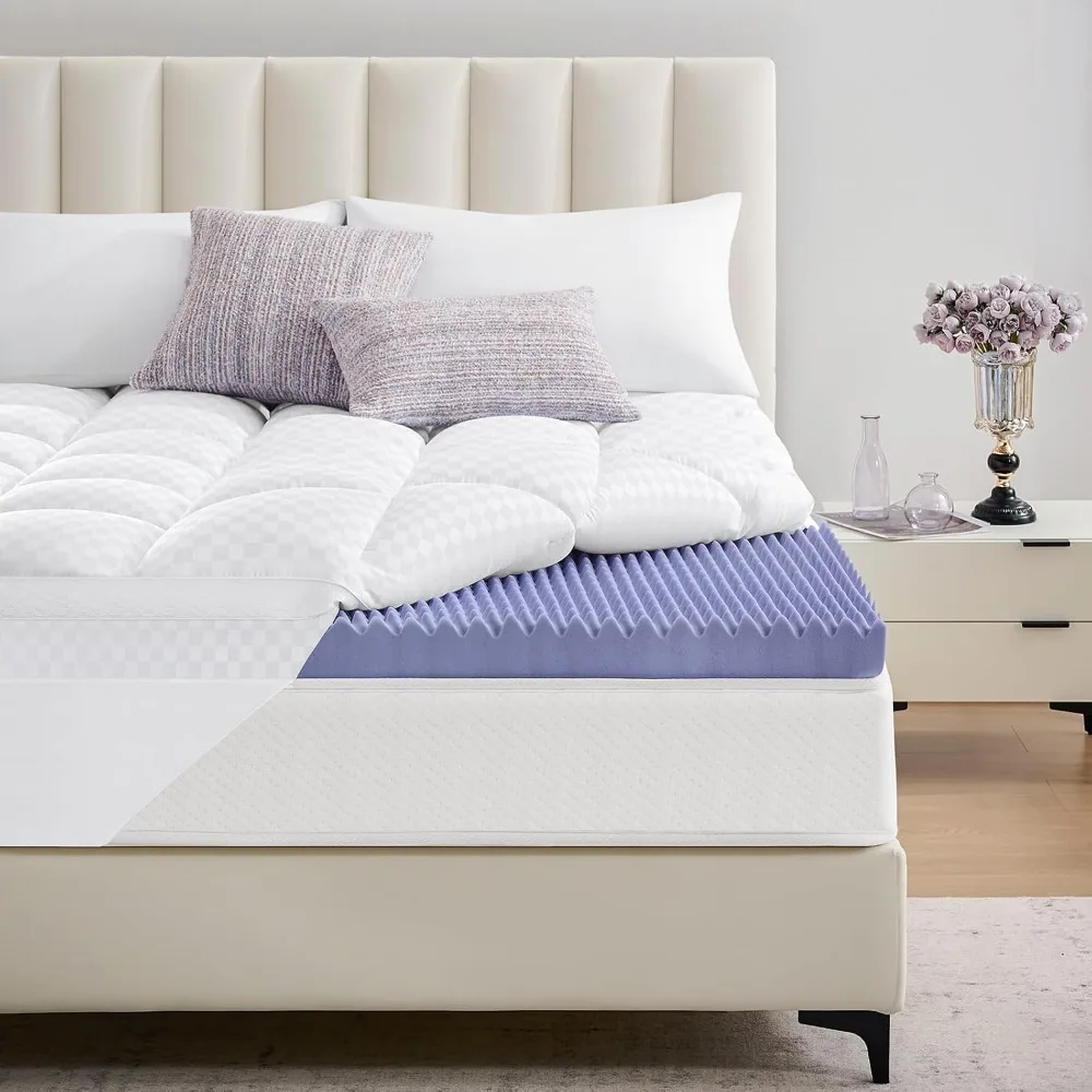 

5 Inch Queen Memory Foam Mattress Topper Pro Dual Layer 3 Inch Cooling Gel Egg Crate Memory Foam Plus 2 Inch Pillow