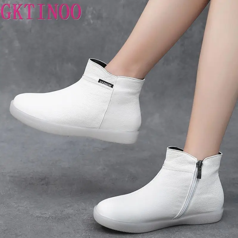 GKTINOO Genuine Cow Leather Women Ankle Boots Plush Warm White Flat Comfortable Booties Autumn Winter Shoes Large Size