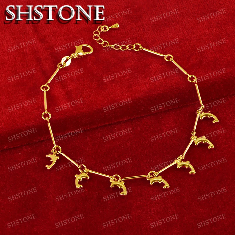 SHSTONE 18K Gold Little Dolphin Bracelet For Woman Fashion Jewelry Lady Cute Hand Chain Wedding Party Birthday Bangles Gifts