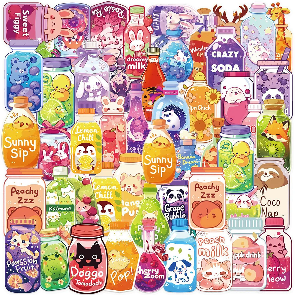 10/30/50pcs Transparent INS Style Colorful Drink Bottle Stickers Cute Animal Decal for Luggage Phone Waterproof Graffiti Sticker