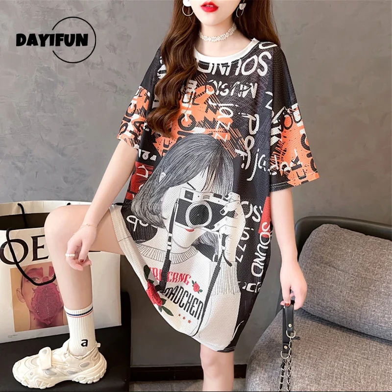 

DAYIFUN-Women's Letter Character Printed T-shirts Oversized Long Tees Summer Loose Female Korean Simple Chic O-neck Hip Hop Tops