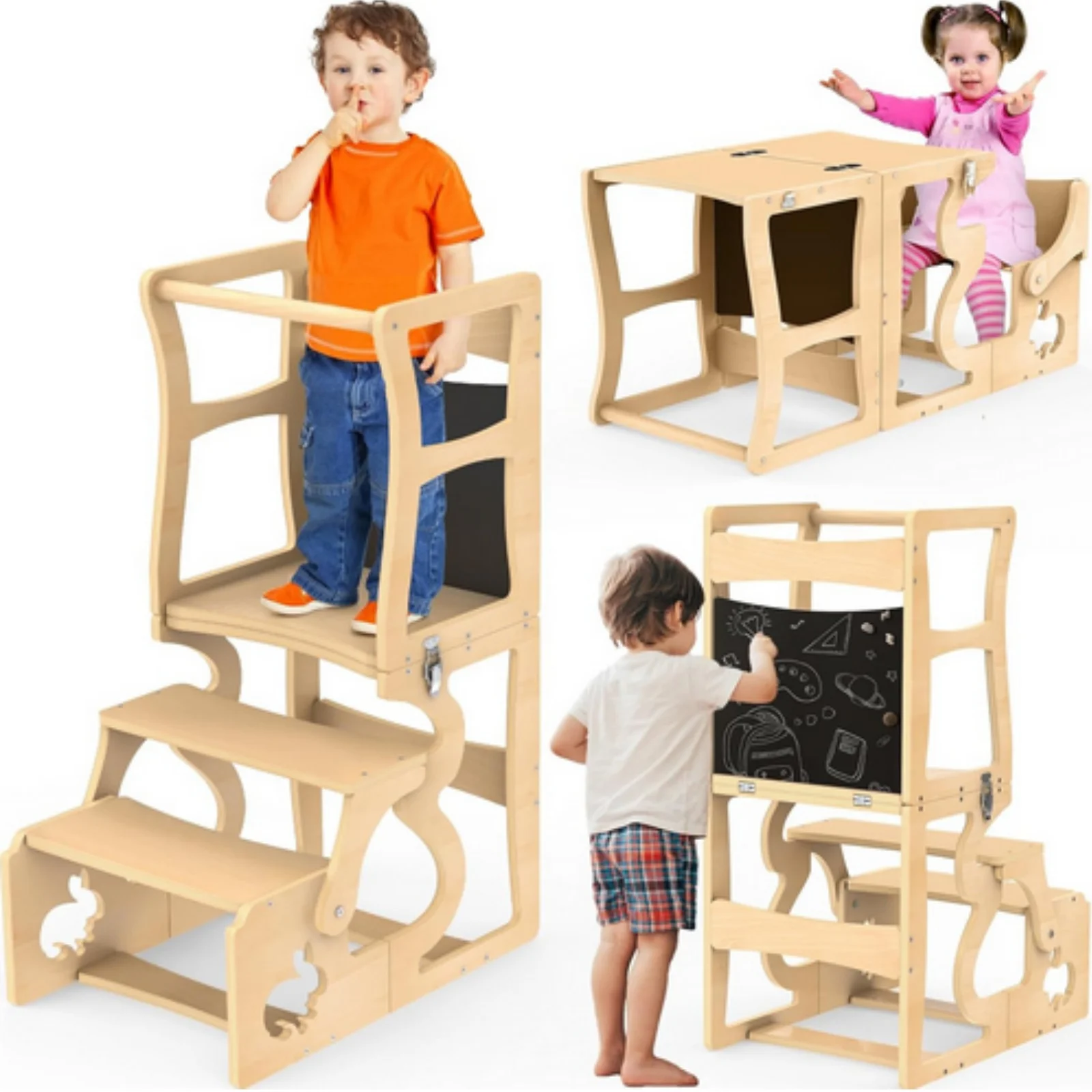 Tour d'observation pliable 3-en-1 pour enfants, Tour d'observation Montessori, Tour d'apprentissage Montessori pour enfants avec tableau noir, Cadeaux pour garçons et filles