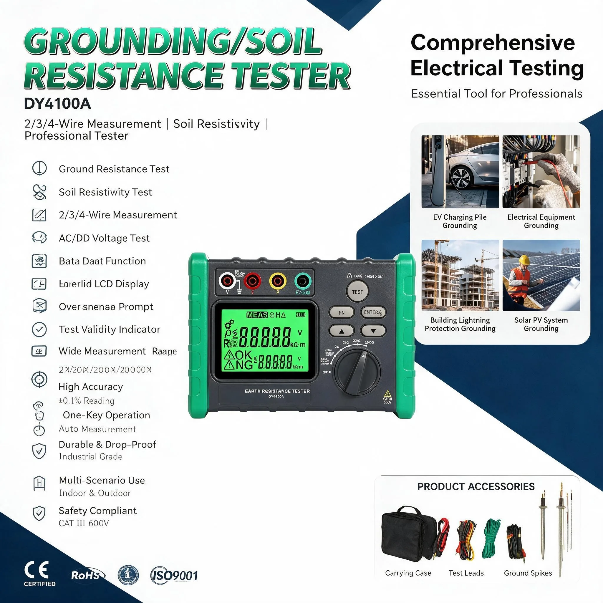 Digital Earth Resistance Tester 2/3/4-Wire Grounding Meter 0.03-2000Ω Soil Resistivity Megohmmeter Voltmeter Backlight for PV