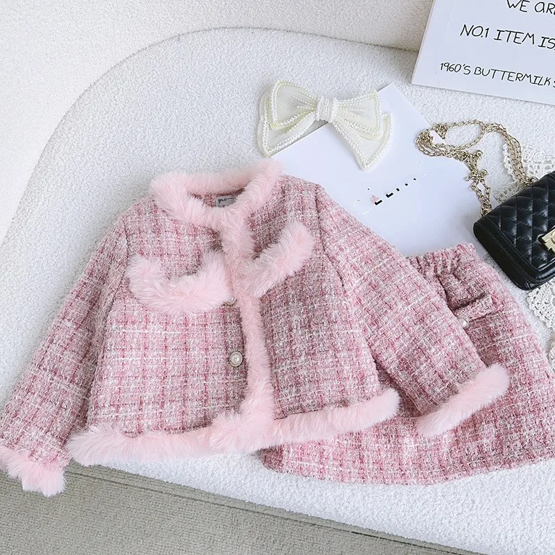 2-8 years Kids Girls Clothes Set Autumn Winter Children Princess Thick Warm Coat Outwear+Skirt Vintage Clothes Baby Sweet Suit