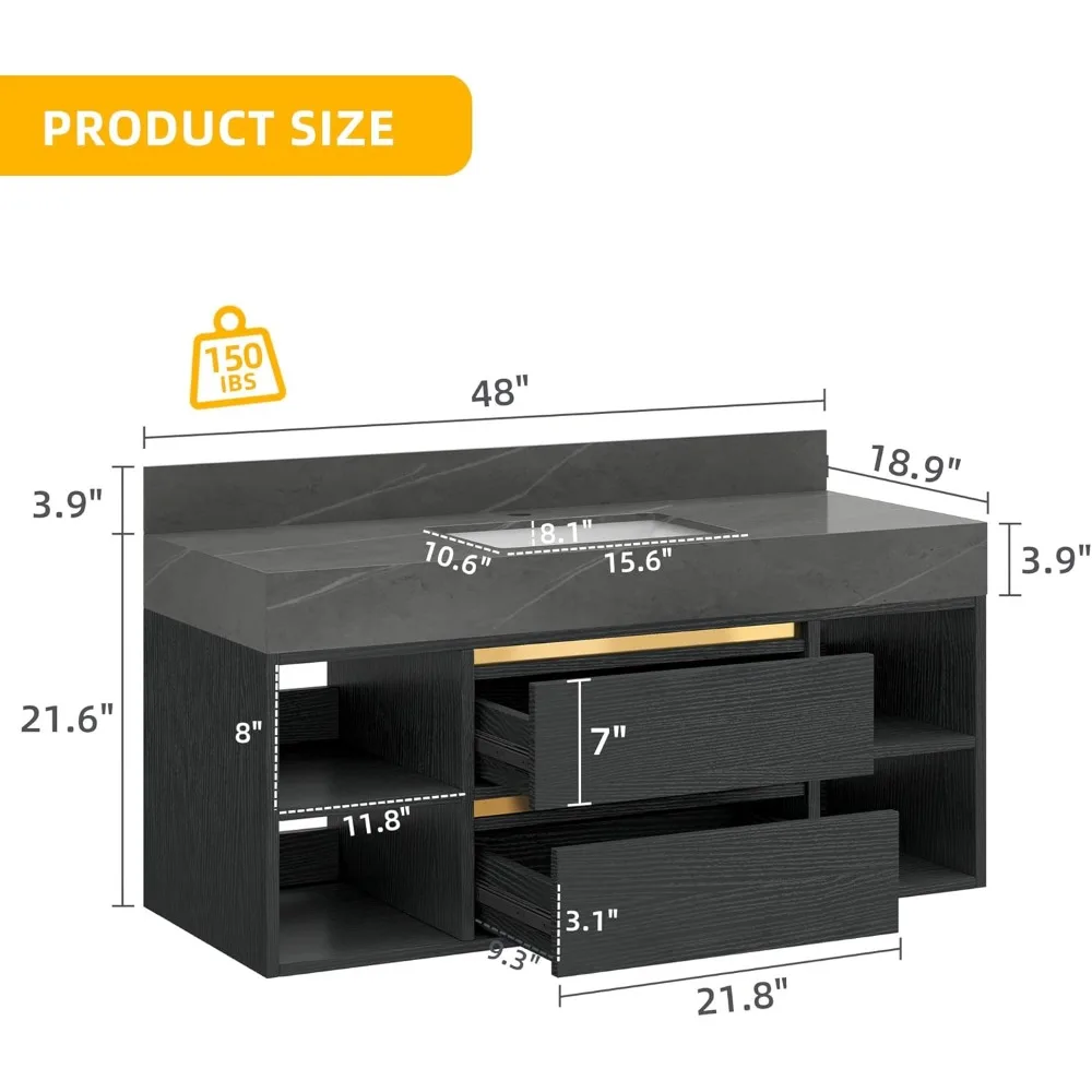 40 Inch Vanity Bathroom Sintered Stone, with Ceramic Sink Included 2 Drawers and Shelves, Bathroom Vanity Setv