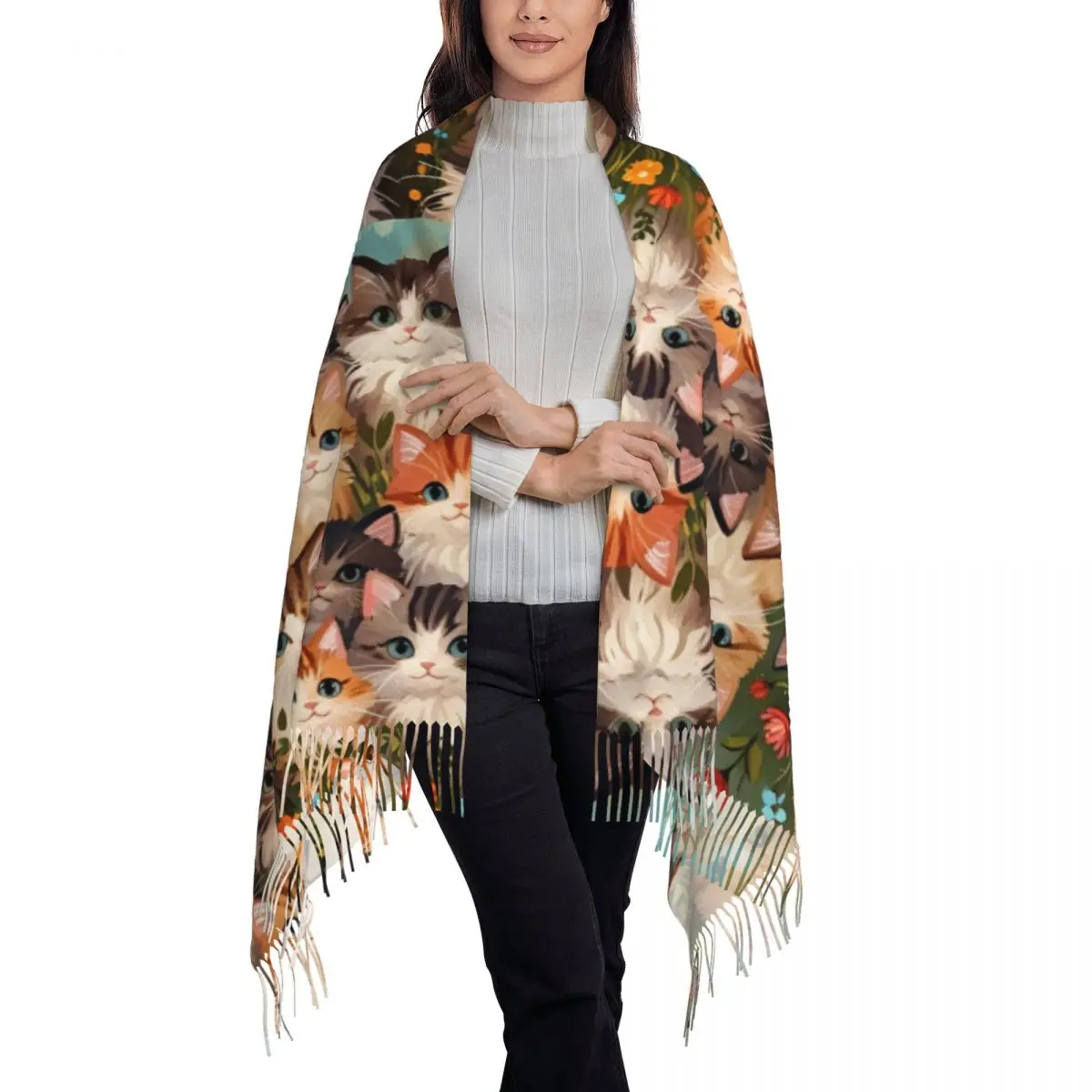 وشاح دافئ شالات الشتاء الكرتون القط والتفاف مخصص Bufanda المرأة الفاخرة 2024 أغطية الرأس الأوشحة