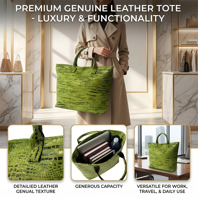 

Женская сумка-тоут из искусственной кожи цвета авокадо с крокодиловым узором, глянцевая сумка с тиснением, вместительная сумка для поездок на работу и покупок.