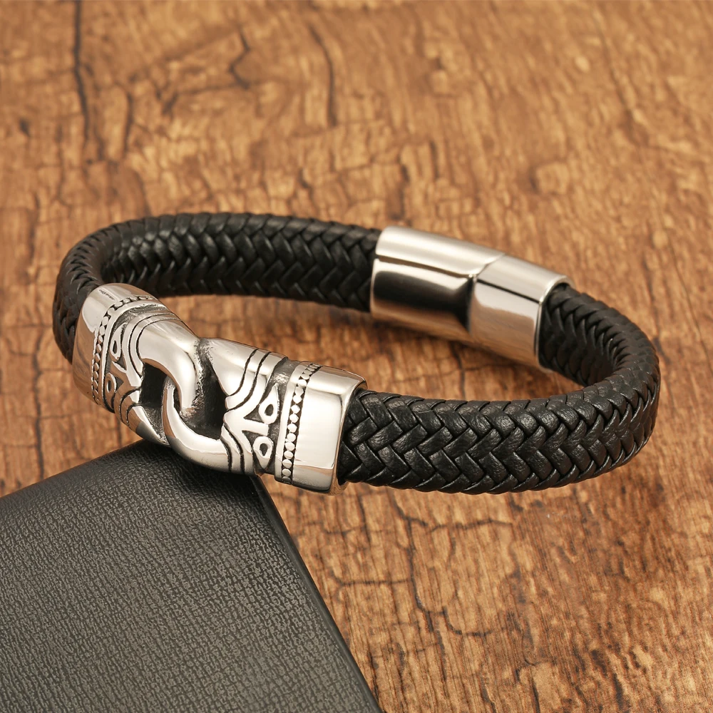 Men's Stainless Steel Cowhide Rope Woven Cross Double Ring Carved Totem Bracelet