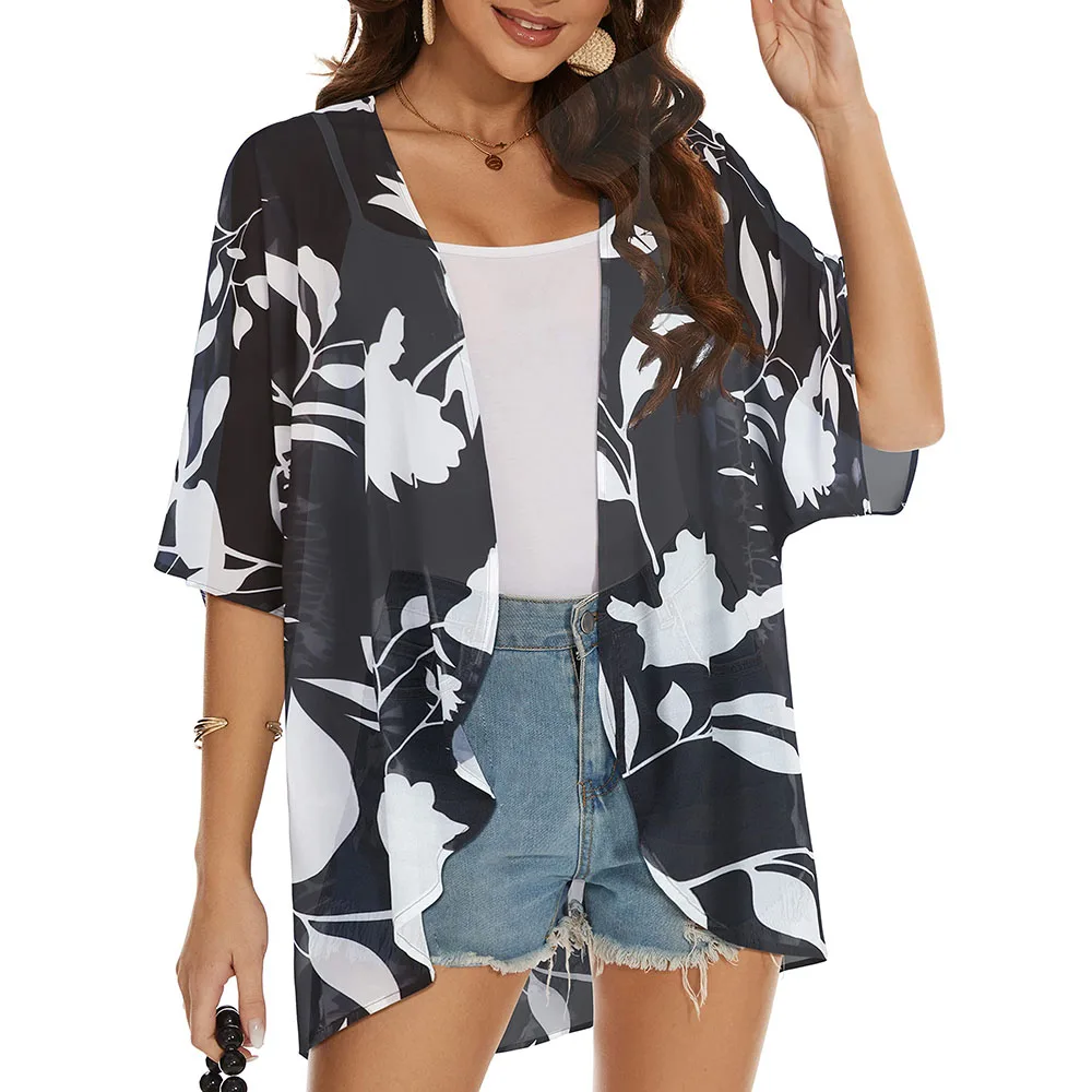 New Womens Kimono Beach Cover Up Chiffon Cardigan Floral Tops Loose Capes Short Sleeve Kimonos For Women Clothing Beach Swimwear